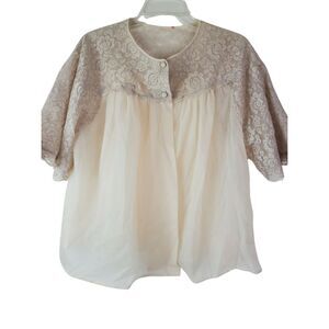 Vintage Lorraine Beige‎ Lacy Lace Trim Semi-Sheer Babydoll Top Size L